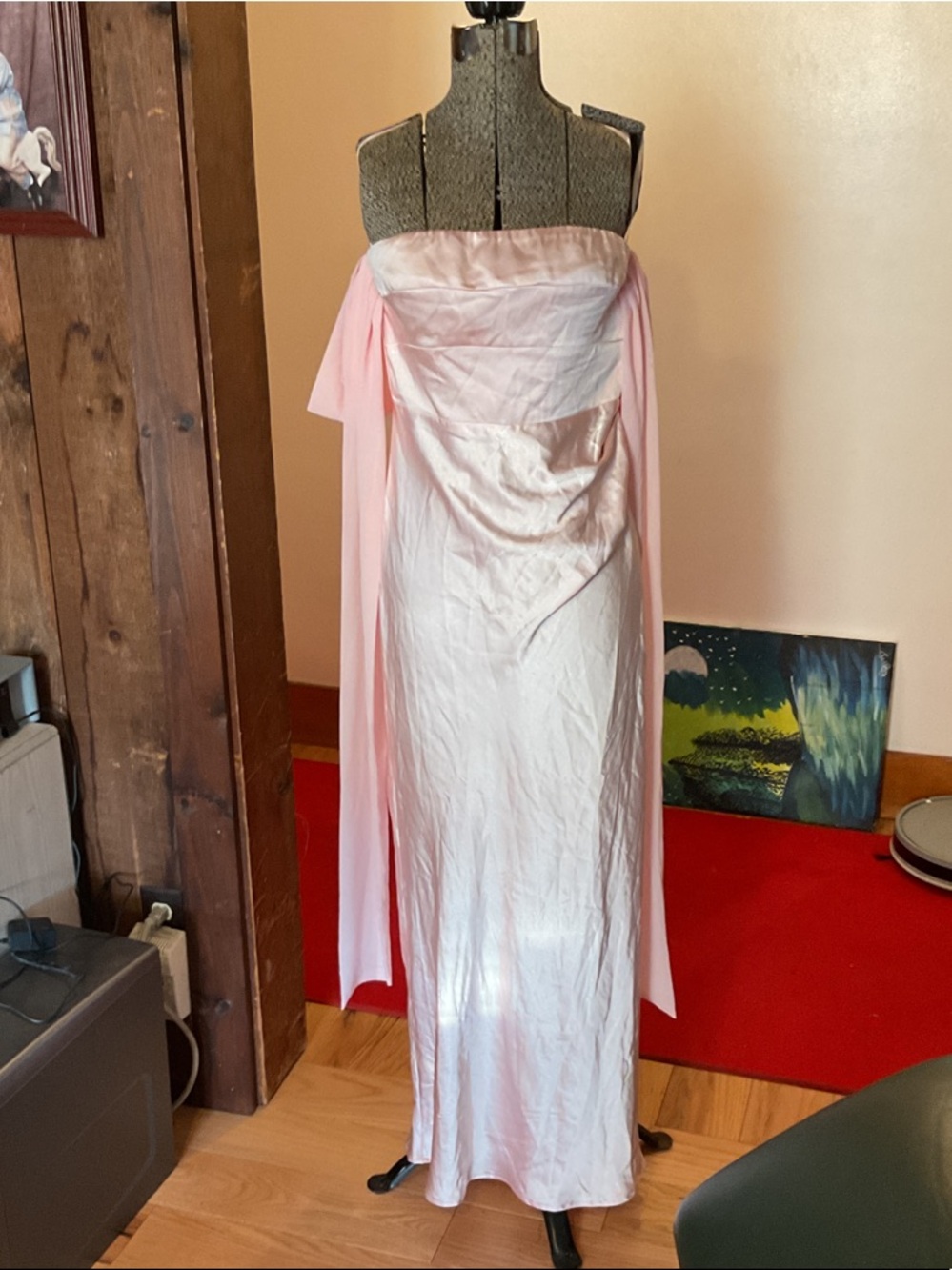 Strapless Pink Maxi Dress with Draped Cape